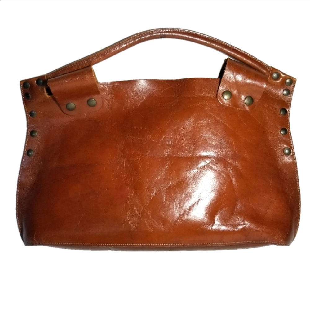 ABACO Paris 100% Leather Brief  Handbag Dark Tan Snaps & Rivet In good condition